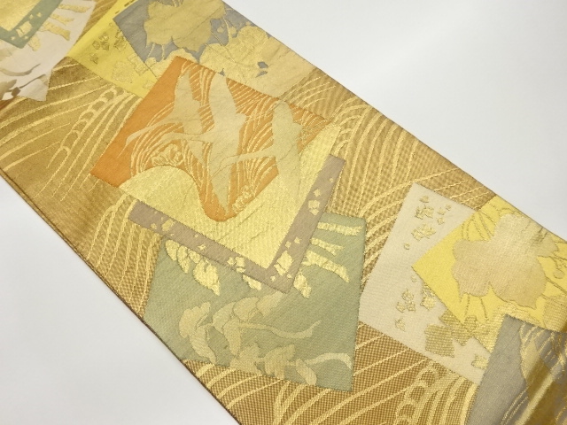 色紙に波・群鶴・蔦模様織出し袋帯